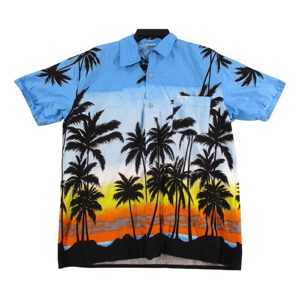 Dorsett Tees Bahamas Palm Tree Sunset Graphic Shirt Mens XL Blue Tropical Button